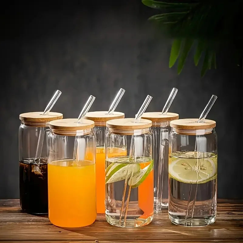 Drinking Glasses, with Bamboo Lids, Glass Straw