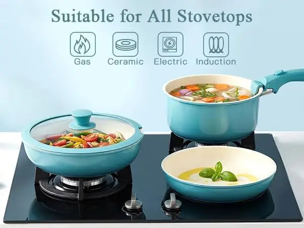 Ceramic Cookware with Detachable Handle, Light Blue Gradient