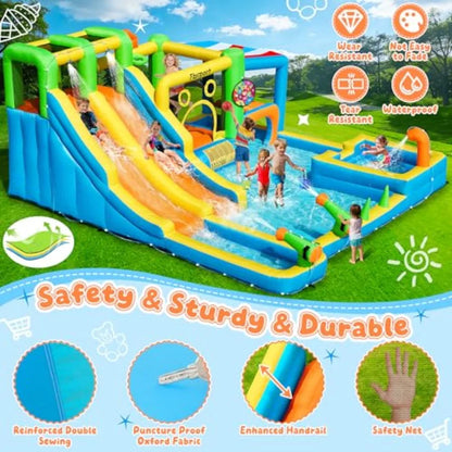 Backyard inflatable bounce house with double water slide