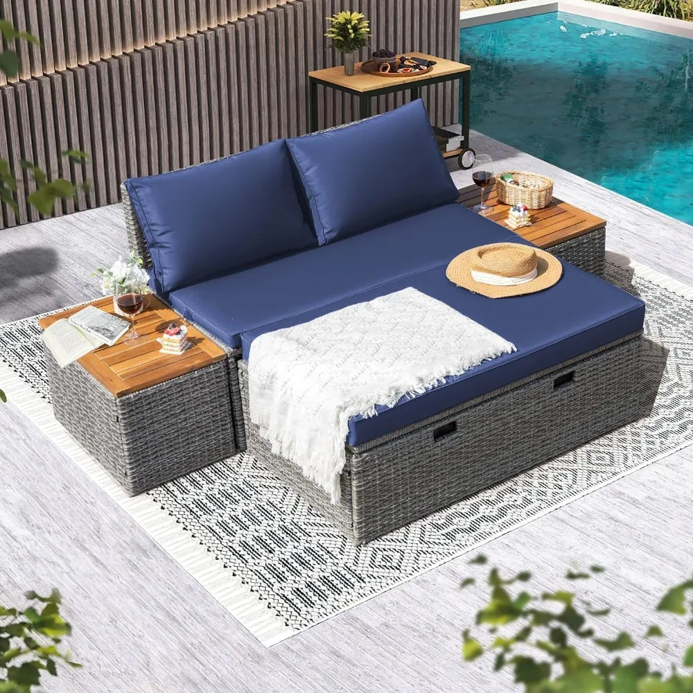 Daybed Set with 2 Side Tables for Backyard Porch