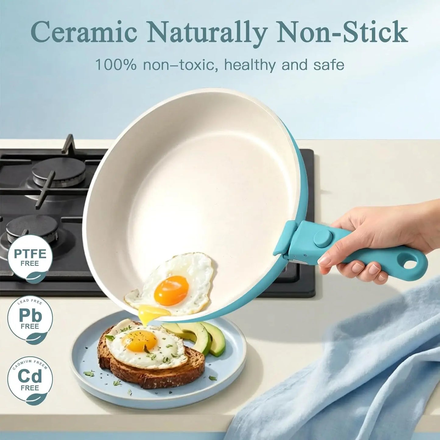 Ceramic Cookware with Detachable Handle, Light Blue Gradient