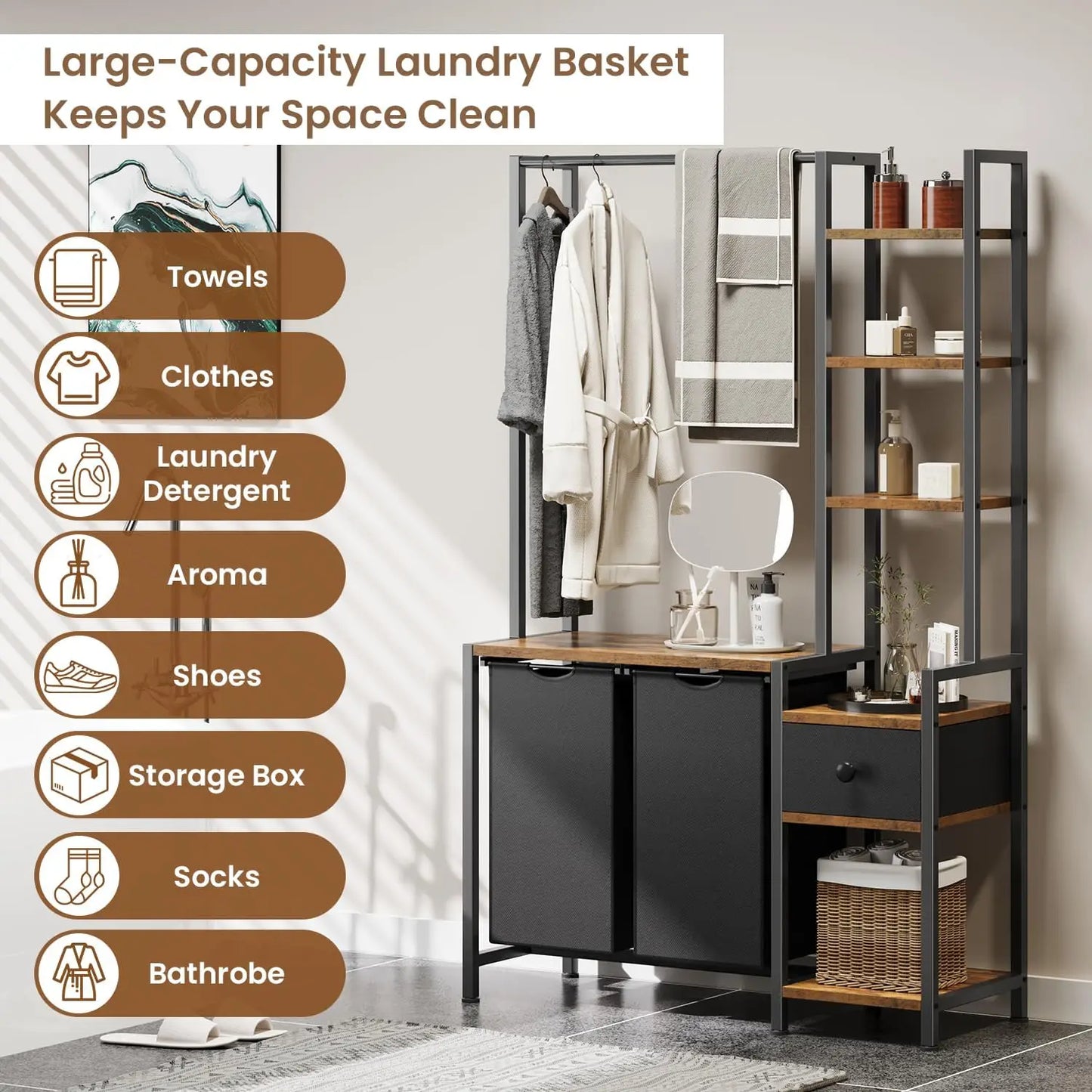Laundry Hamper with Shelf and Clothes Rack