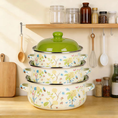 3Pcs Vintage Enamel Stock Pot Set with Lids