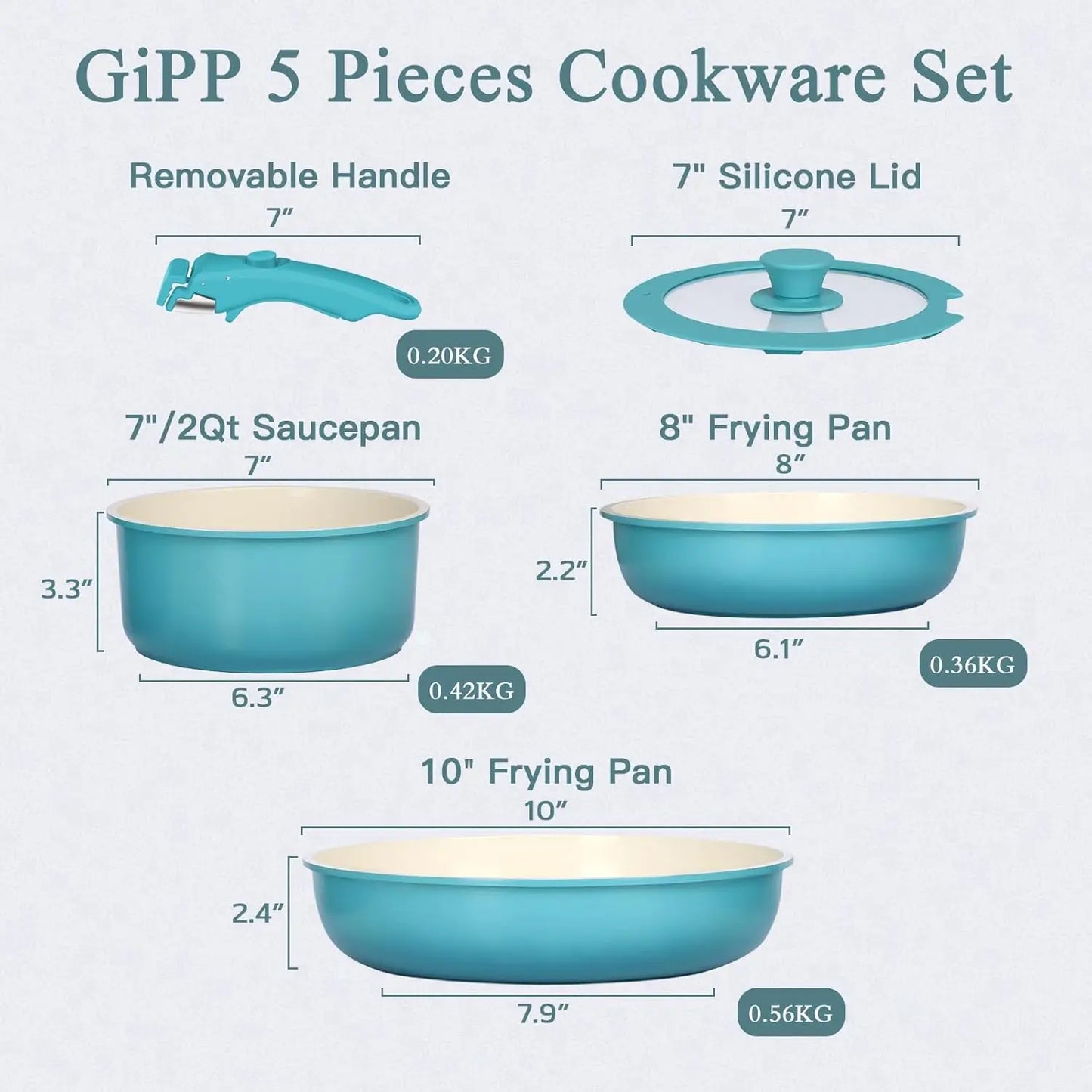 Ceramic Cookware with Detachable Handle, Light Blue Gradient