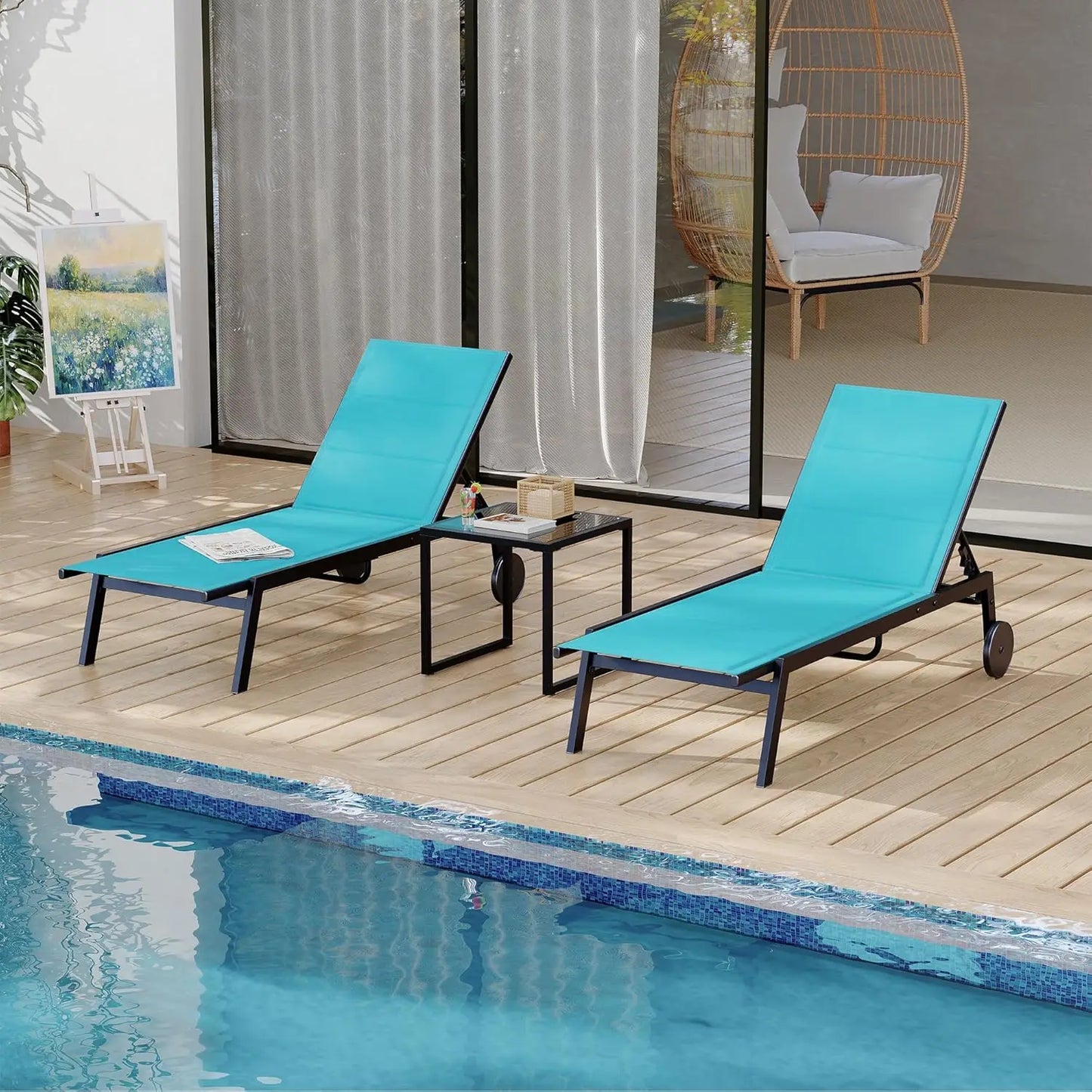 2 Pool Loungers with Wheels and a Side Table