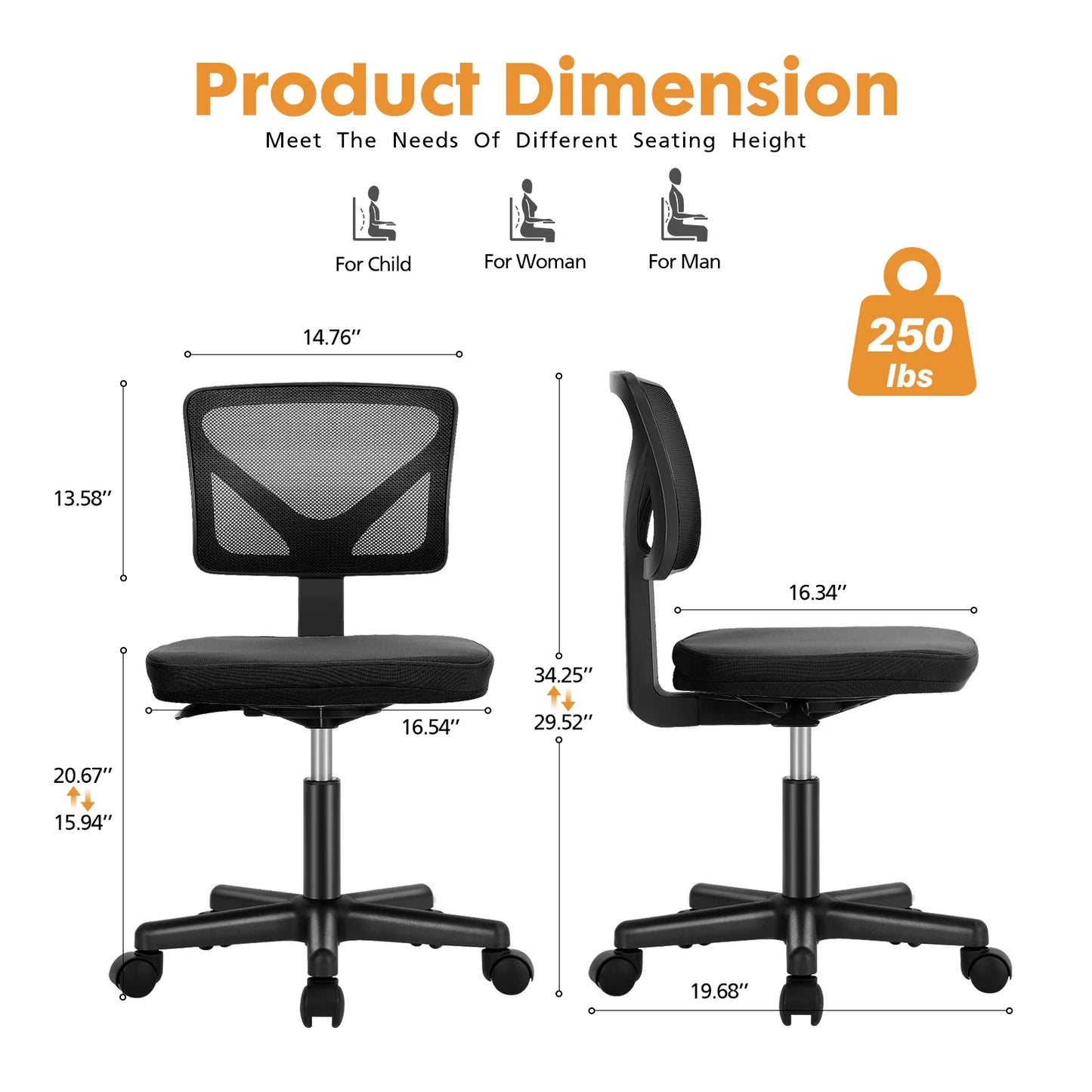 Computer Chair, Lumbar Support, Armless, Rolling Swivel