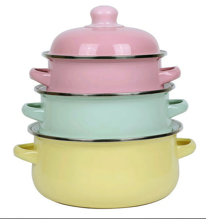 3Pcs Vintage Enamel Stock Pot Set with Lids