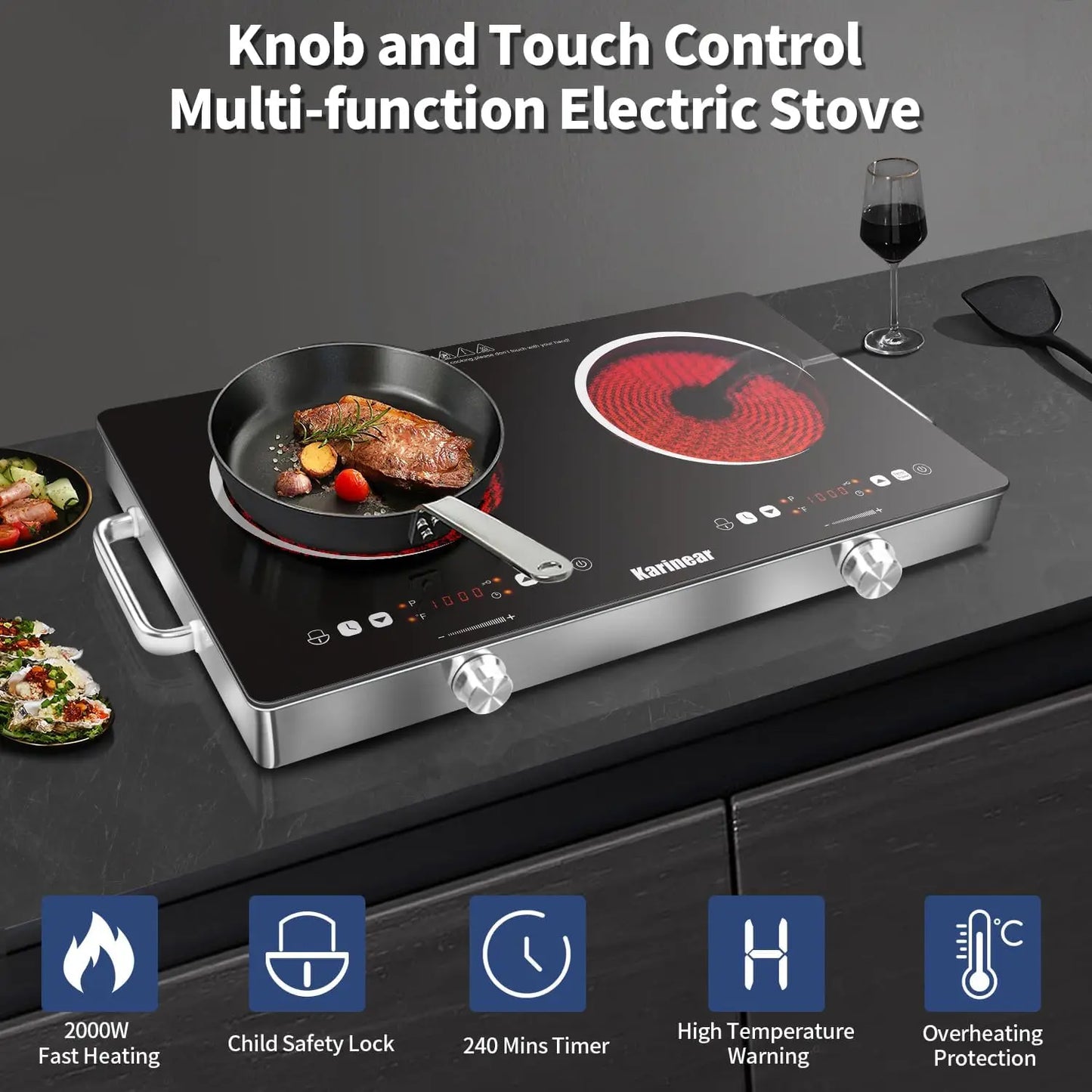 Portable Countertop Hob with Black Crystal Glass Design