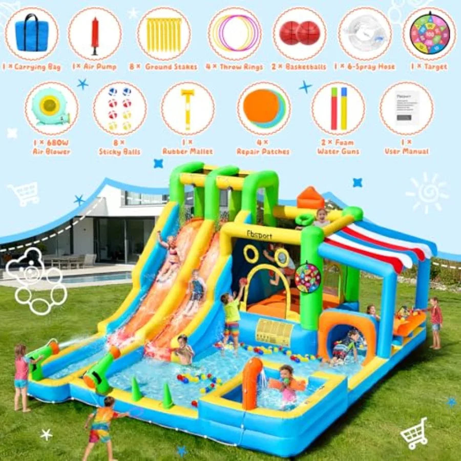 Backyard inflatable bounce house with double water slide