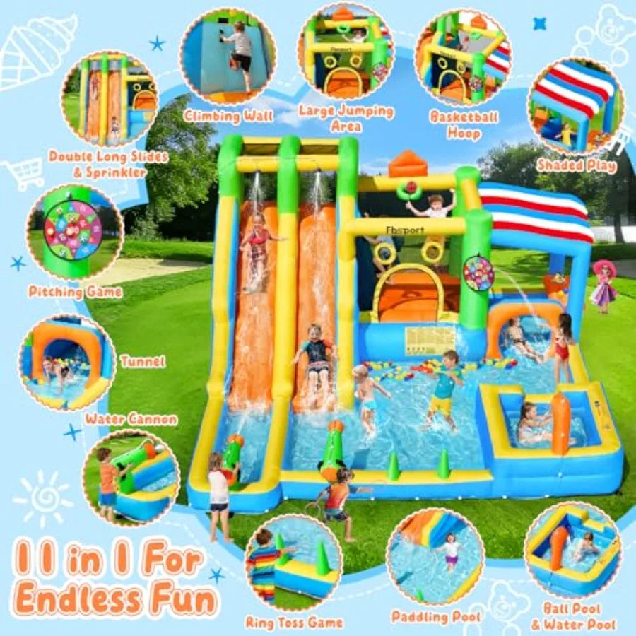 Backyard inflatable bounce house with double water slide