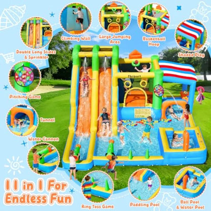 Backyard inflatable bounce house with double water slide