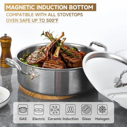 Tri-Ply Stainless Steel 7 Quart Rondeau Pot with Lid Braiser Pan 12 inch Deep Frying Pan Versatile Cookware Large Saute Pan Com