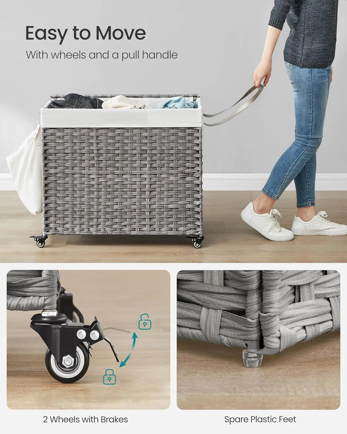 Veritable Rolling Laundry Hamper with 3-Section Removable Liner