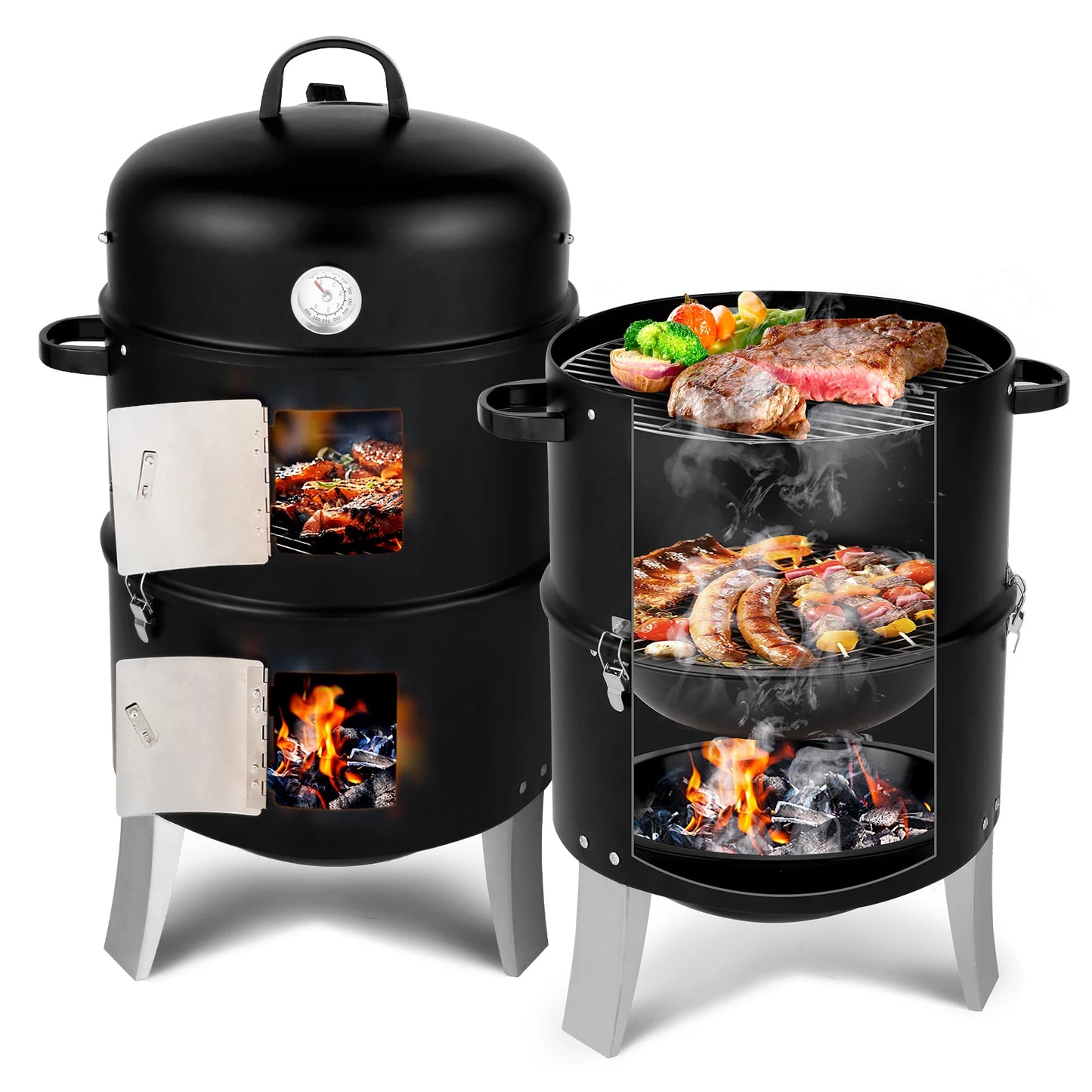 Vertical Steel Charcoal Smoker for Outdoor Cooking