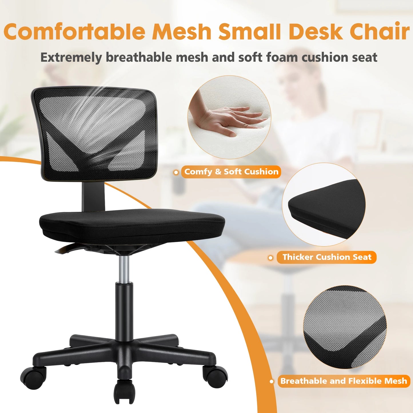 Computer Chair, Lumbar Support, Armless, Rolling Swivel