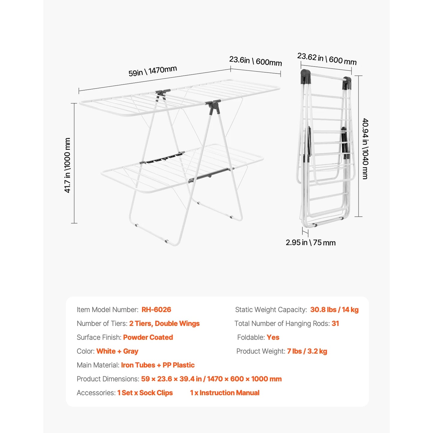 Foldable Laundry Dryer Rack with Adjustable Dedicated Sock Clips