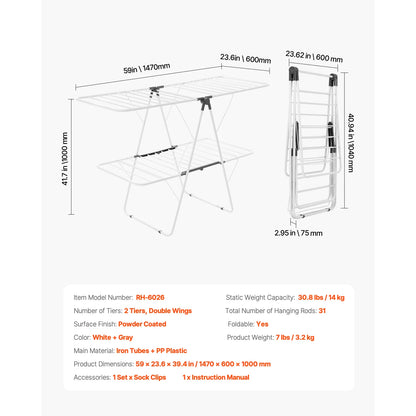 Foldable Laundry Dryer Rack with Adjustable Dedicated Sock Clips