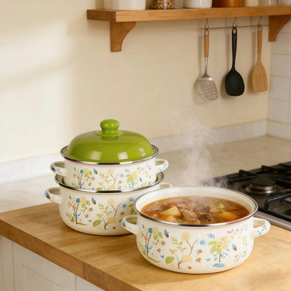 3Pcs Vintage Enamel Stock Pot Set with Lids