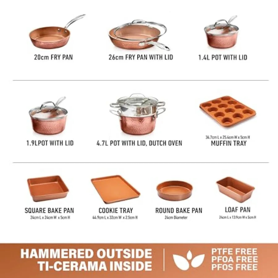 Hammered Ceramic Cookware with Bakeware Set and Steamer