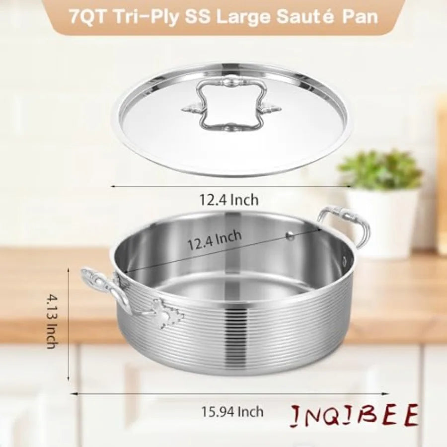 Tri-Ply Stainless Steel 7 Quart Rondeau Pot with Lid Braiser Pan 12 inch Deep Frying Pan Versatile Cookware Large Saute Pan Com