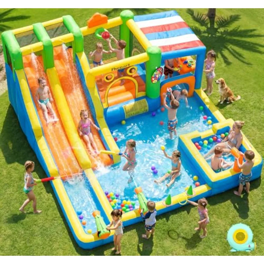 Backyard inflatable bounce house with double water slide
