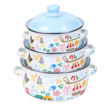 3Pcs Vintage Enamel Stock Pot Set with Lids