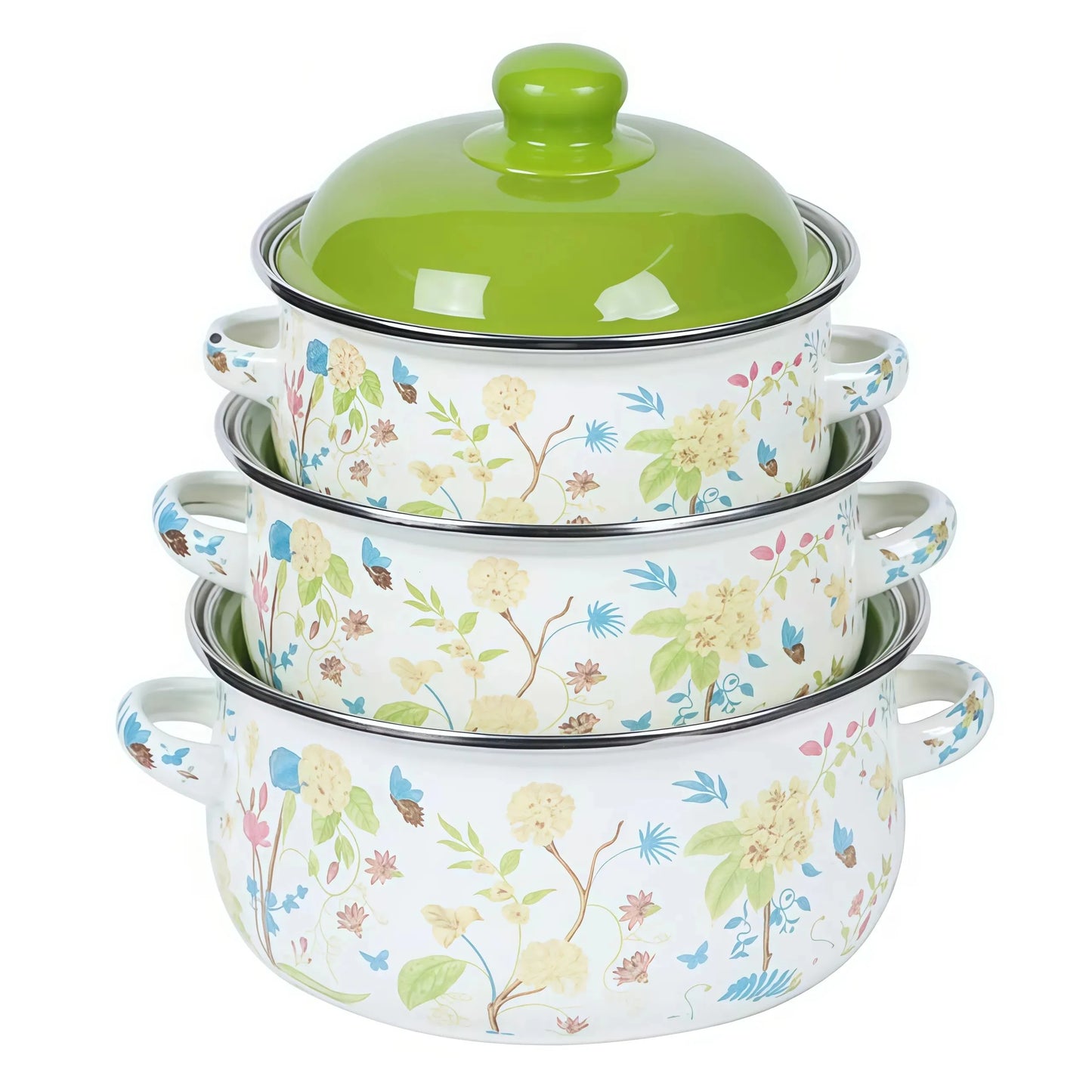 3Pcs Vintage Enamel Stock Pot Set with Lids