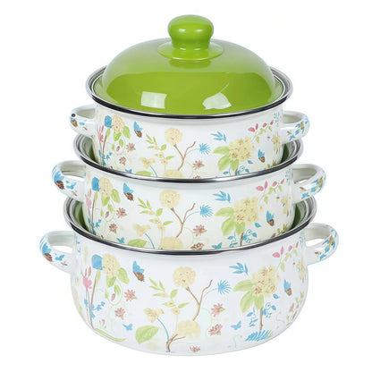 3Pcs Vintage Enamel Stock Pot Set with Lids