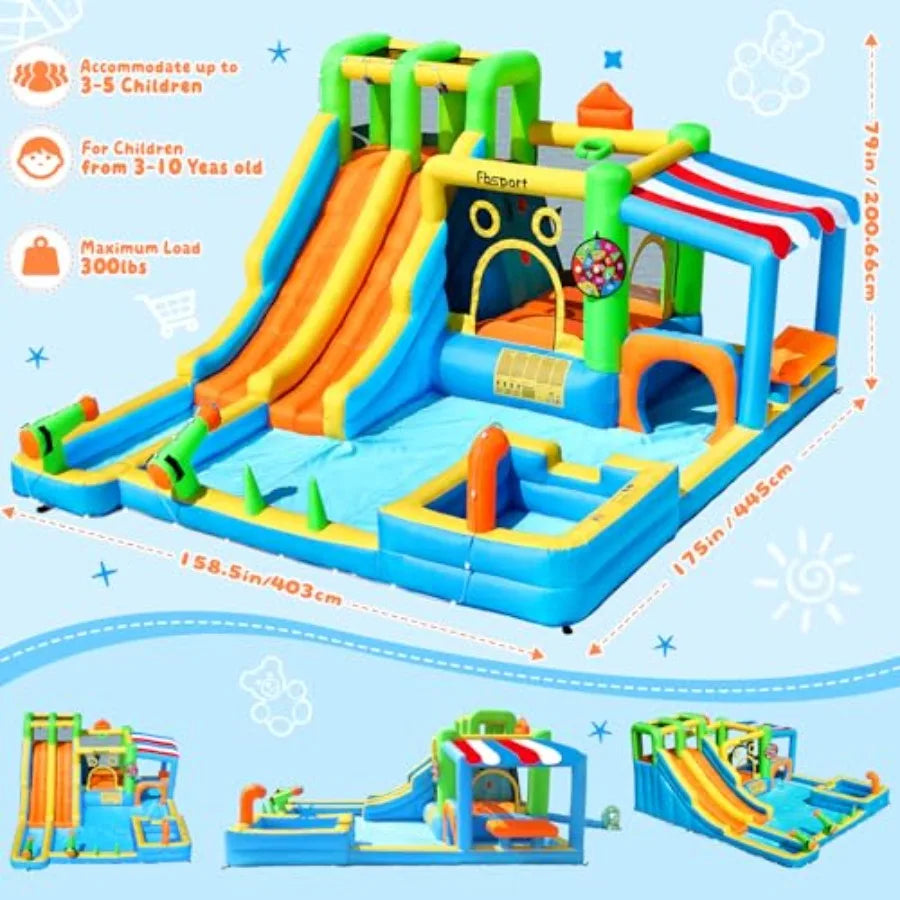Backyard inflatable bounce house with double water slide
