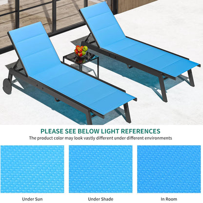 2 Pool Loungers with Wheels and a Side Table
