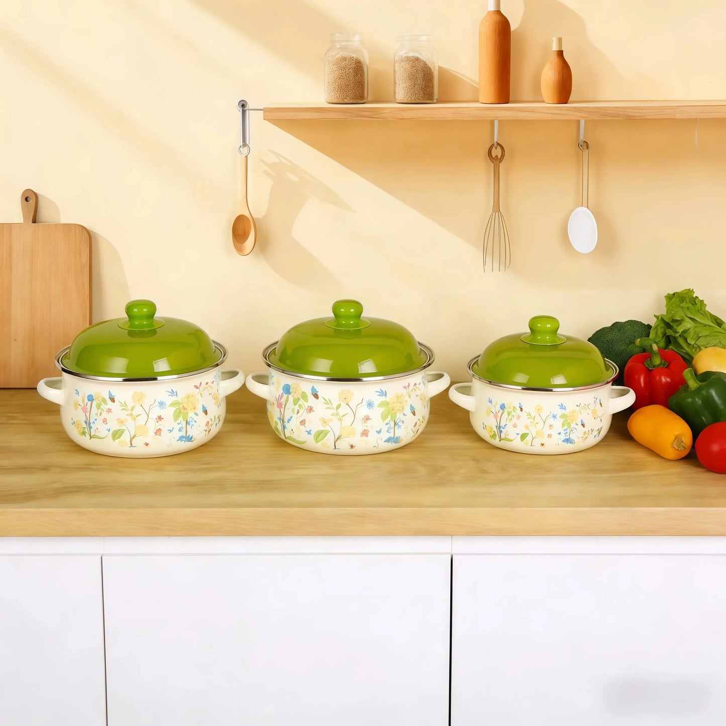 3Pcs Vintage Enamel Stock Pot Set with Lids