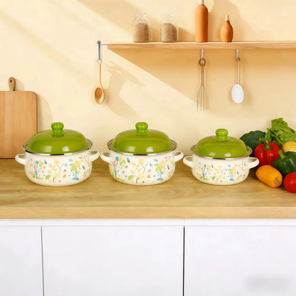 3Pcs Vintage Enamel Stock Pot Set with Lids