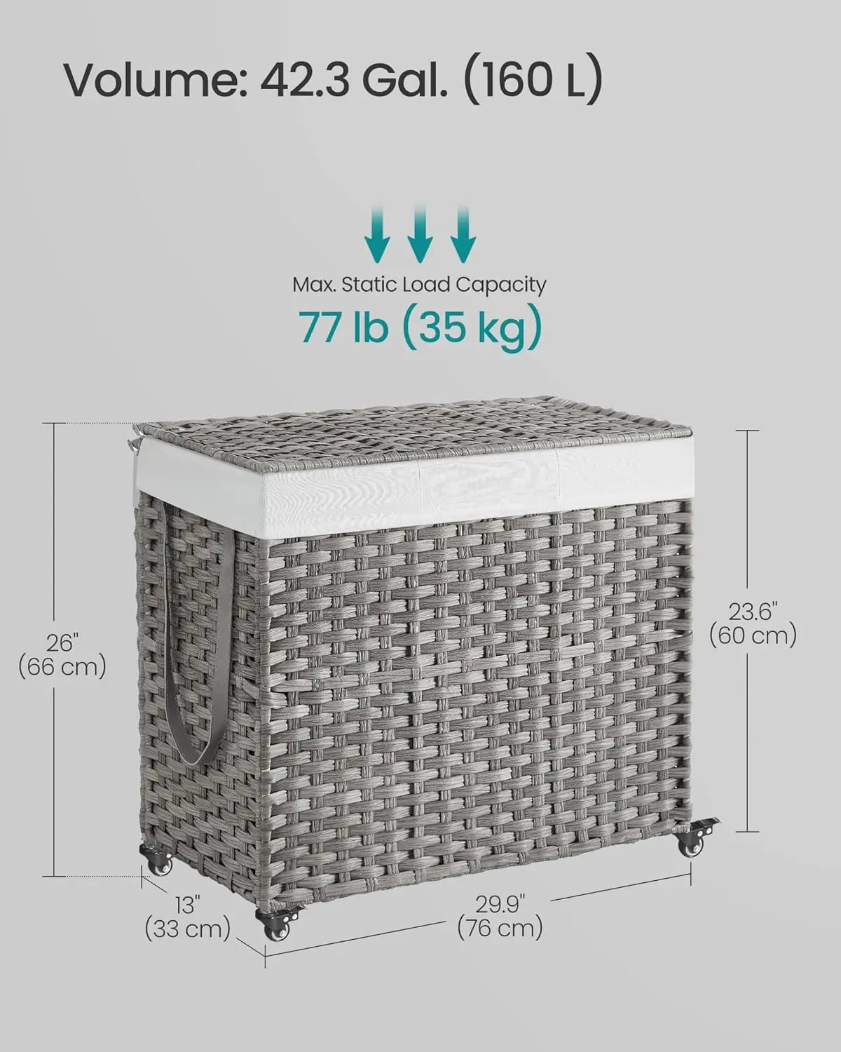 Veritable Rolling Laundry Hamper with 3-Section Removable Liner
