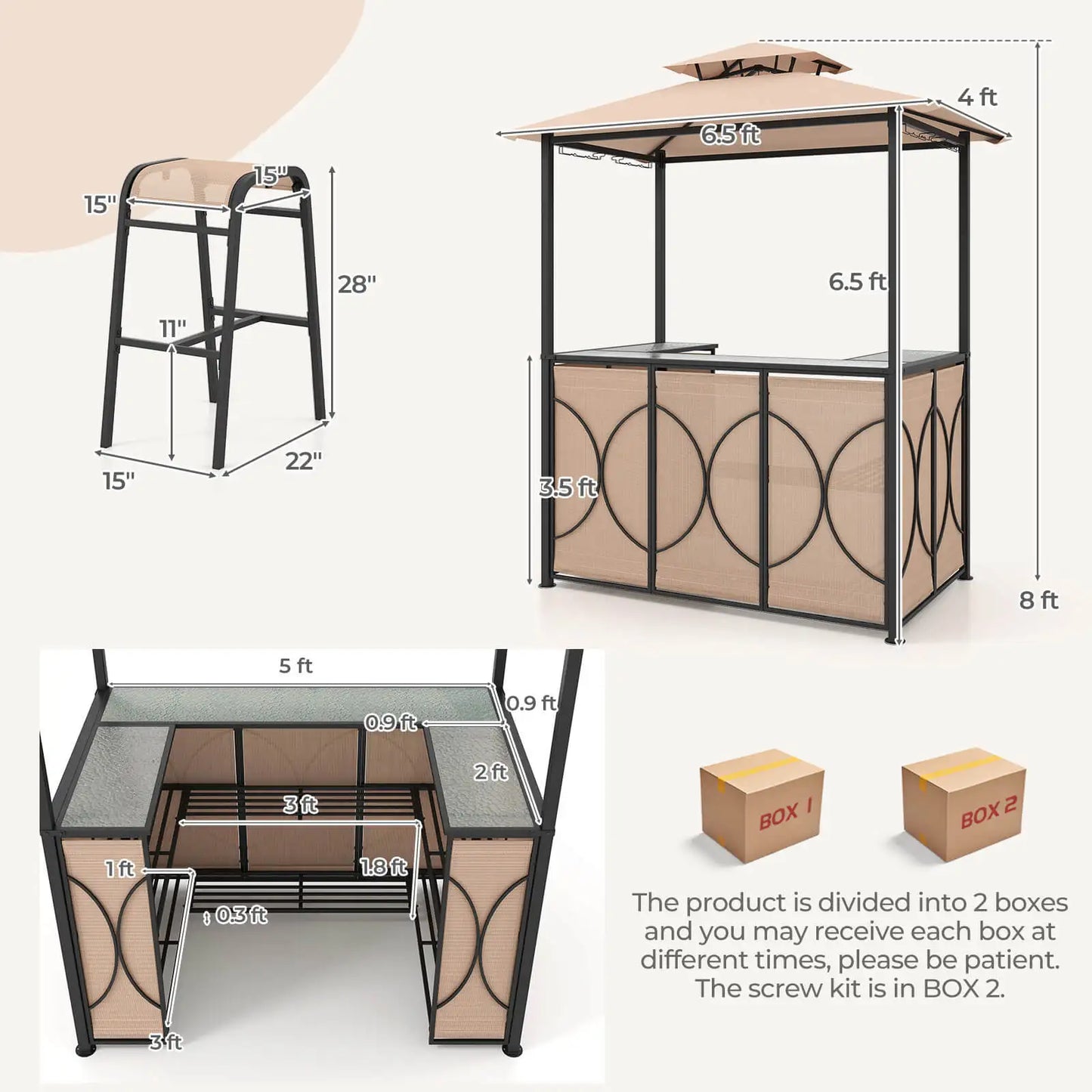Patio Bar Set with Glass Bar Table