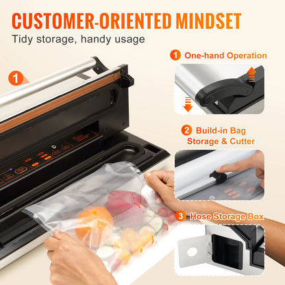 Vacuum Food Packaging Sealer with Bag Roll Storage Cutter