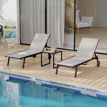2 Pool Loungers with Wheels and a Side Table