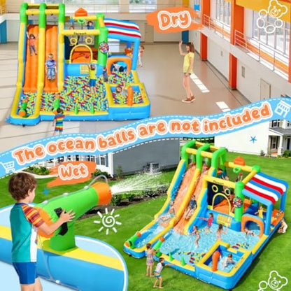 Backyard inflatable bounce house with double water slide
