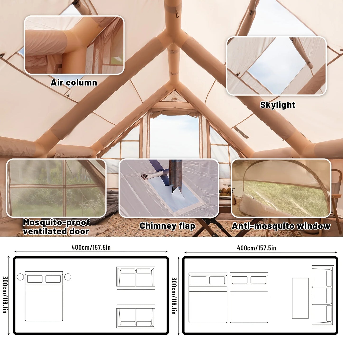 Camping Tent Large Inflatable with Skylight