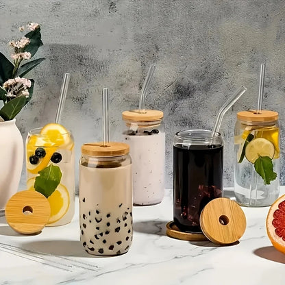 Drinking Glasses, with Bamboo Lids, Glass Straw