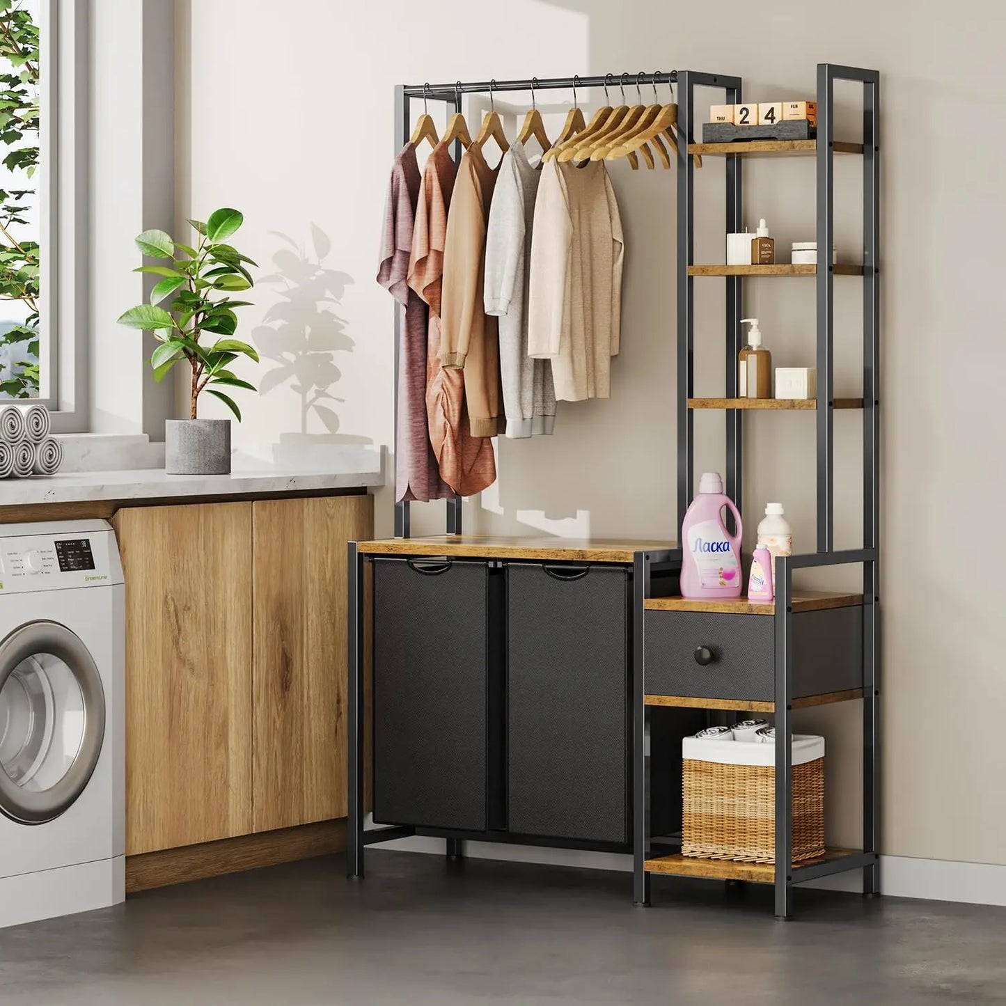 Laundry Hamper with Shelf and Clothes Rack