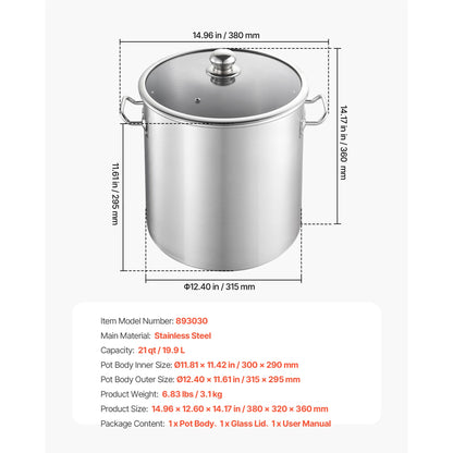 21 Qt Stainless Steel Stock Pot with Glass Lid