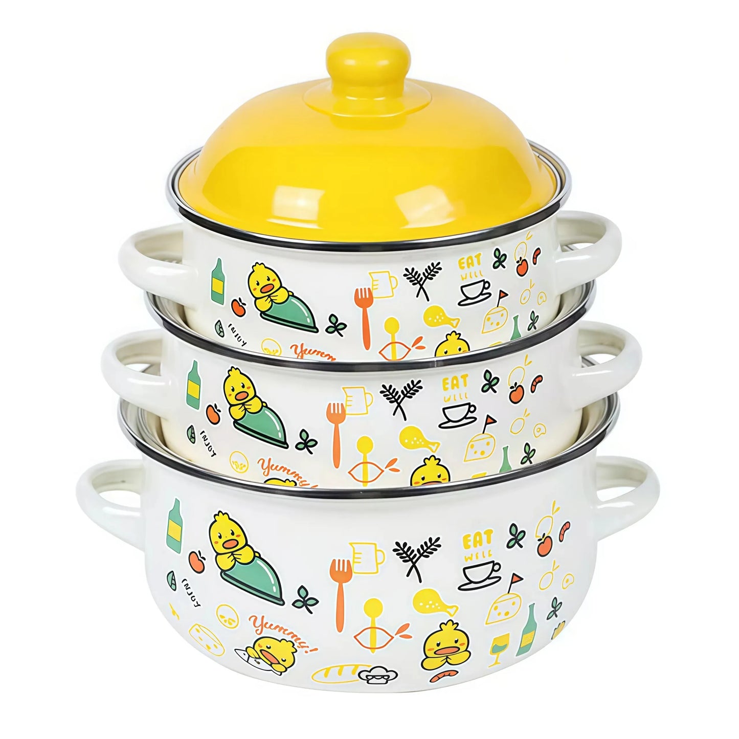 3Pcs Vintage Enamel Stock Pot Set with Lids