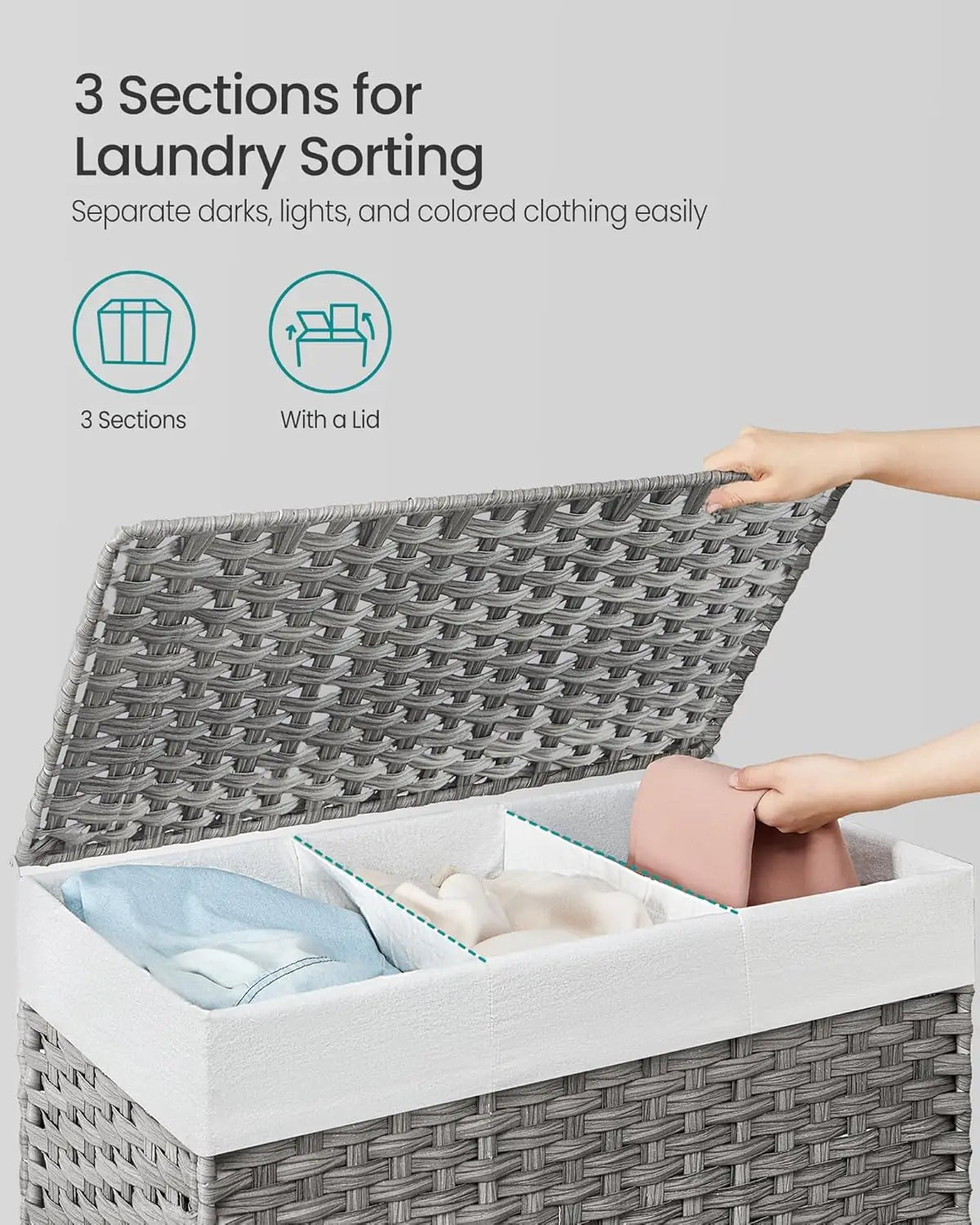 Veritable Rolling Laundry Hamper with 3-Section Removable Liner