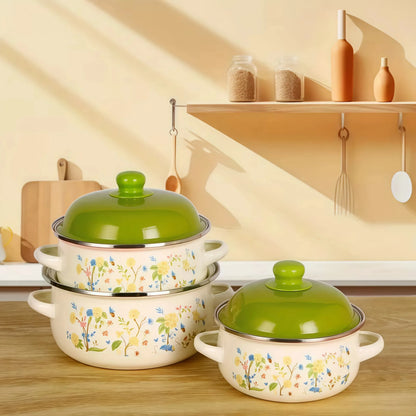 3Pcs Vintage Enamel Stock Pot Set with Lids
