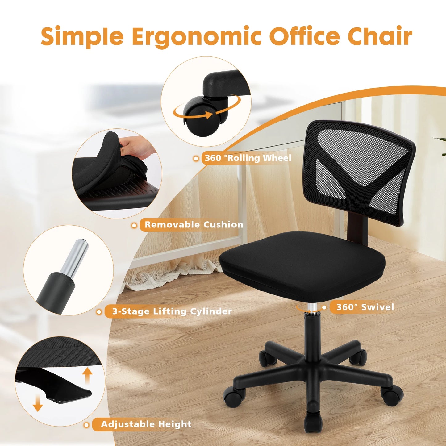 Computer Chair, Lumbar Support, Armless, Rolling Swivel