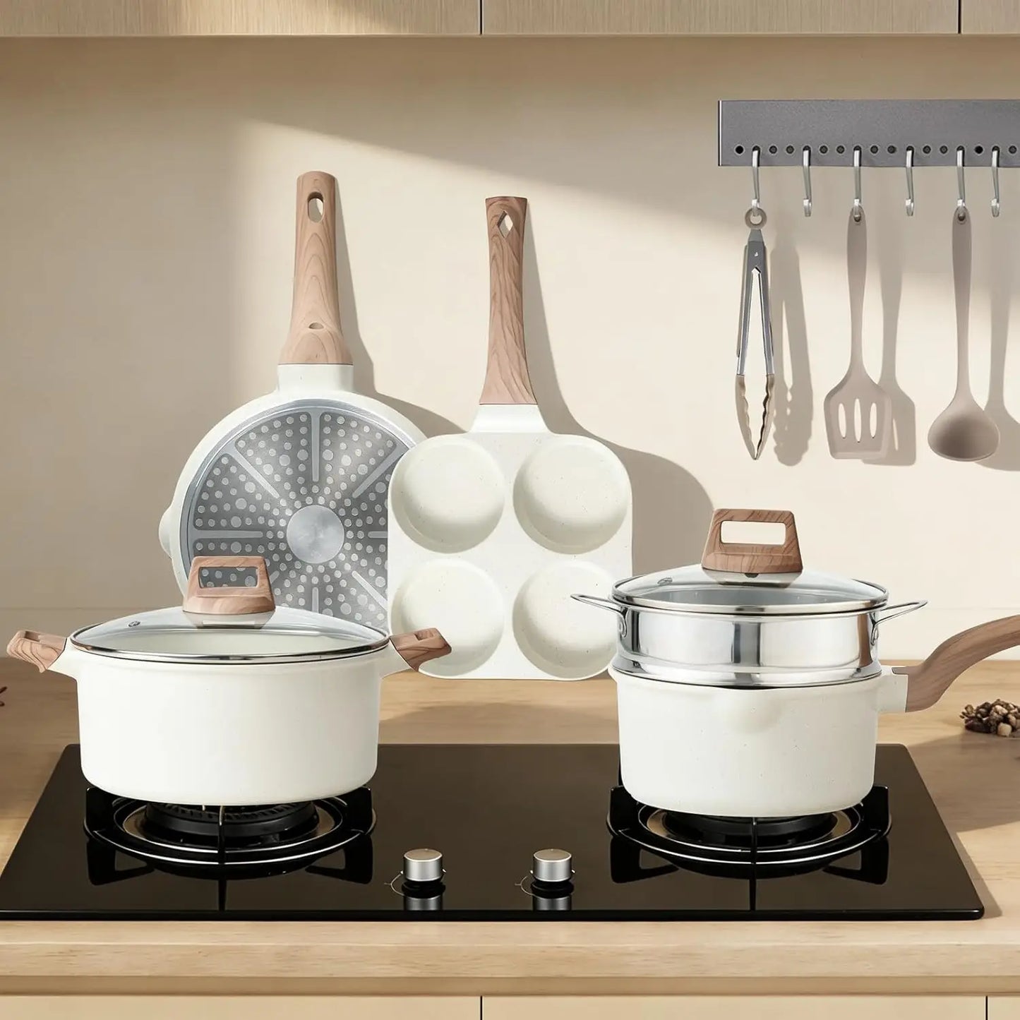 White Kitchen Cookware with Removable Handle