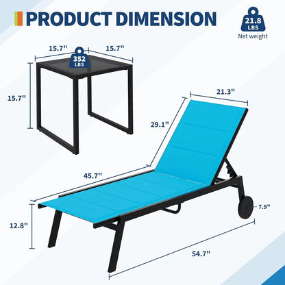 2 Pool Loungers with Wheels and a Side Table
